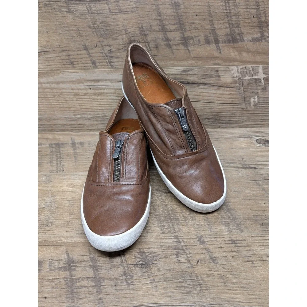 Frye Brown Leather Zip Slip-On Sneakers Women's 10 Minimalist Casual
